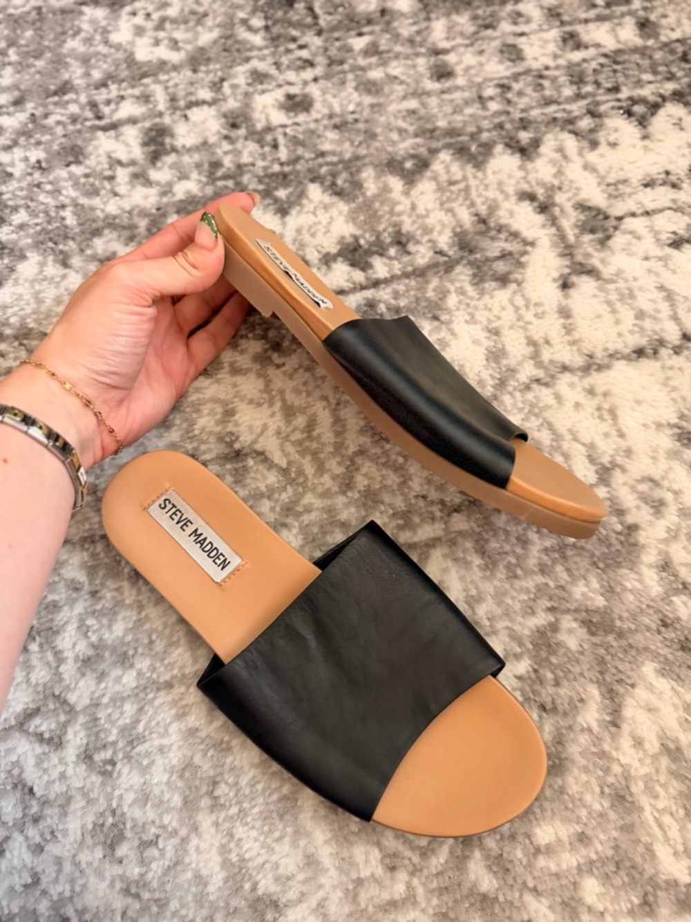 Steve Madden Black Slide Sandals with Tan Footbed